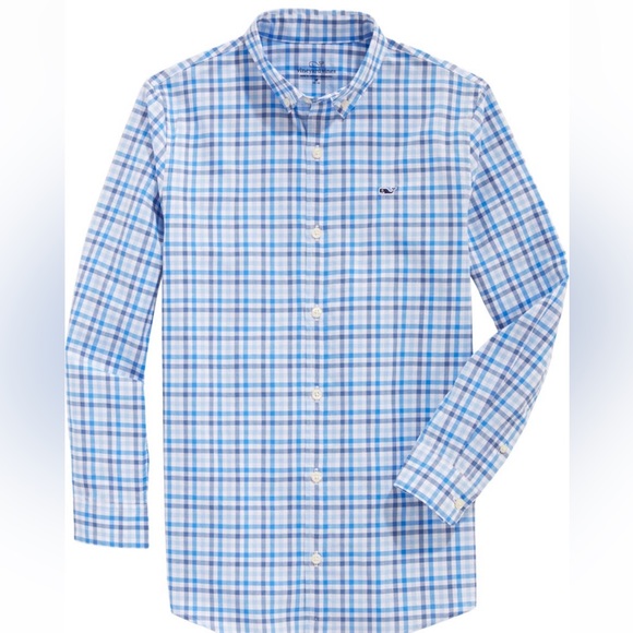 New Vineyard Vines Kids’ Gingham Long Sleeve Button Up Shirt. Blue. Size XL - Picture 2 of 5